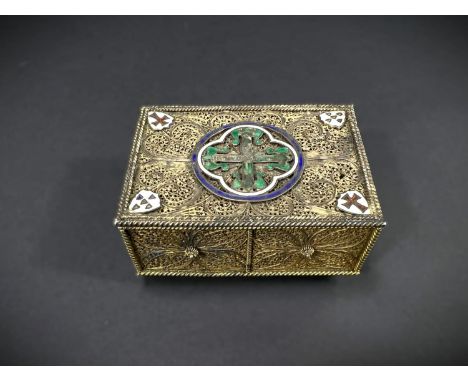 An antique gilt filigree small casket / box, the lid with central Eastern style cross with green enamel decoration inside 2 e