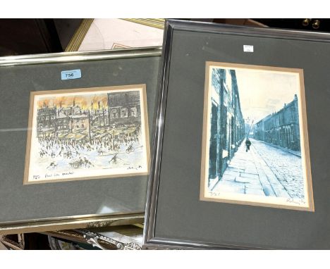 Harold Riley: "Knocker Up" and "Flat Iron Market", 2 artist signed prints, 27 x 16cm &amp; 18 x 20cm framed and glazed.