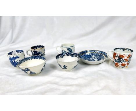 Seven various pieces of 18th century blue and white including five coffee cups, tea bowl and saucer by Royal Worcester, Caugh