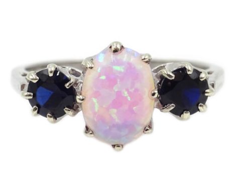 White gold opal and sapphire ring, hallmarked 9ct Condition Report Approx 2.6gm, size OClick here for further images, conditi