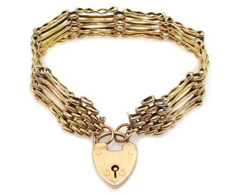 Rose gold five bar gate bracelet with heart padlock  by R&M stamped 9c Condition Report 15.9gmClick here for further images, 