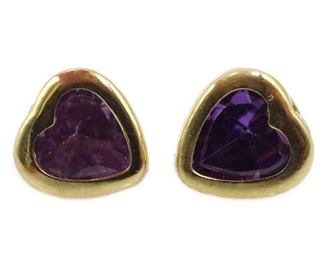 Pair of 9ct gold amethyst heart earrings, stamped 9K Condition Report Click here for further images, condition, auction times