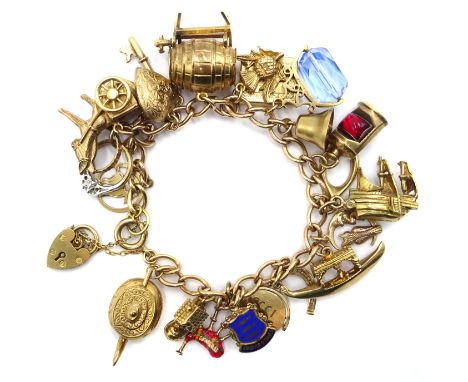 9ct gold curb chain bracelet hallmarked heart lock with 20 hallmarked charms Condition Report 49.5gmClick here for further im