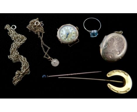 Victorian 15ct gold (tested) horseshoe stick pin, agate hat pin, 9ct gold watch, chain necklaces clasps stamped 9ct, costume 