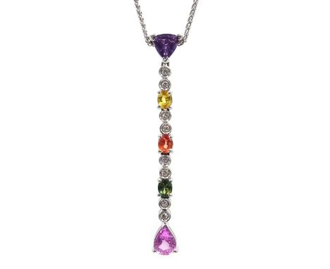 18ct white gold (tested) diamond and multi gemstone pendant on white gold chain, hallmarked 18ct  Condition Report Click here
