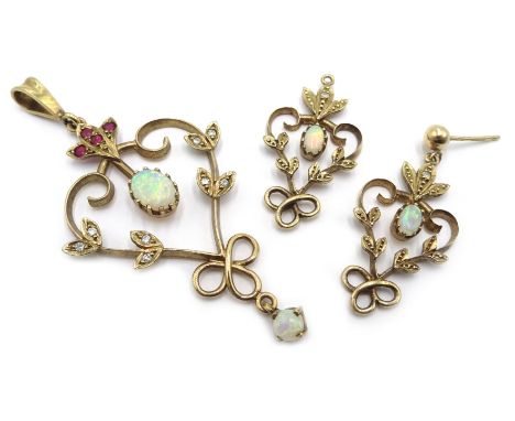 Opal, diamond ruby gold pendant and pair similar earrings, hallmarked 9ct Condition Report Approx 6.8gm, one earring missing 