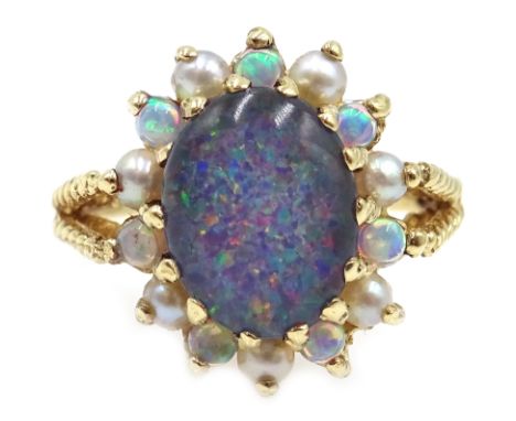 Gold opal and pearl cluster ring, hallmarked 9ct Condition Report Approx 3.4gm, size LClick here for further images, conditio