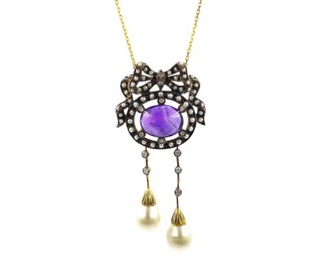 Gold and silver cabochon amethyst, seed pearls, diamonds and pearls necklace, the chain stamped 375 Condition Report Click he