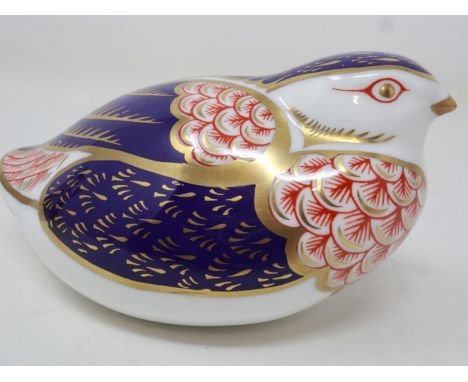 Royal Crown Derby quail paperweight, seconds quality with silver stopper, no cracks or chips, L: 11 cm. UK P&amp;P Group 1 (£