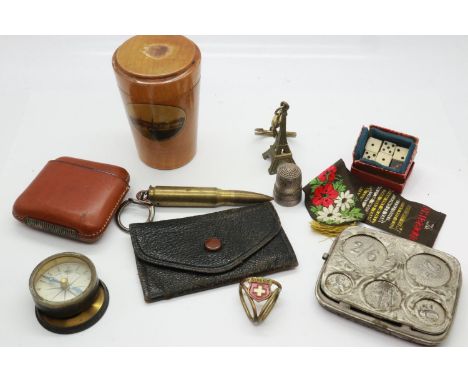 Ramsgate Mauchline ware covered beaker, stitched leather vesta case, compass and other collectables. UK P&amp;P Group 1 (£16+