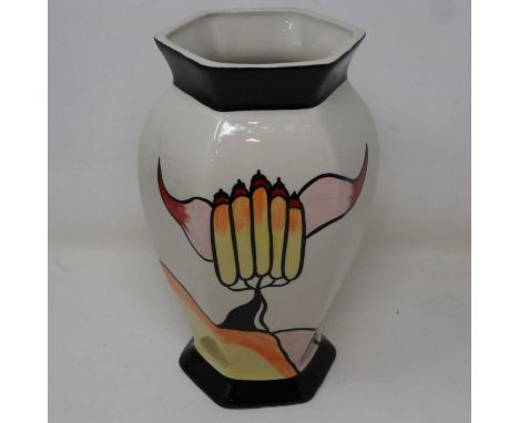 Lorna Bailey hexagonal vase in the Mayfield pattern, no cracks or chips, H: 21 cm. UK P&amp;P Group 2 (£20+VAT for the first 