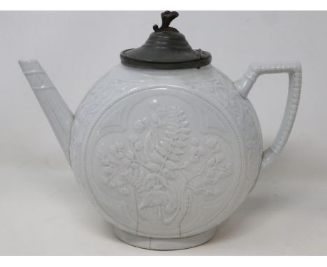 Victorian teapot with pewter lid and finial in the Thomas Booth manner, registration lozenge to base, cracks throughout, H: 1