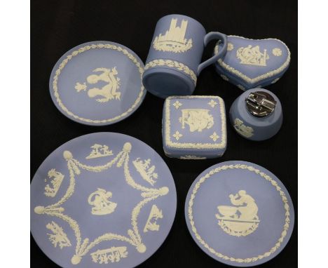 Mixed Wedgwood Jasperware ceramics all in powder blue, including covered boxes, table lighter and cabinet plates (7). UK P&am