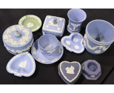 Collection of Wedgwood Jasperware ceramics, mostly in powder blue, including covered boxes, small planter etc (11). UK P&amp;