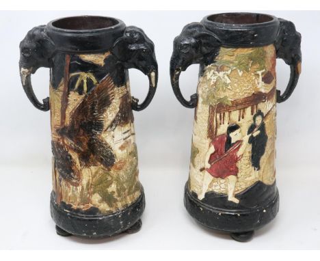 Pair of Bretby twin handled vases in the Oriental manner, damages throughout, H: 32 cm. UK P&amp;P Group 3 (£30+VAT for the f