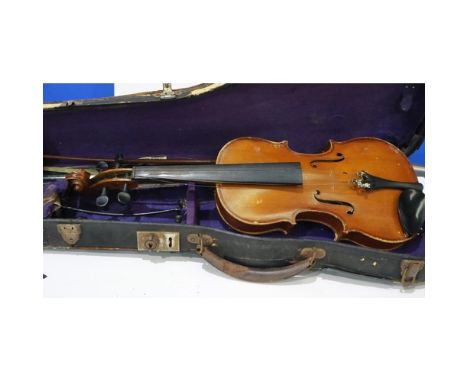 Czechoslovakian student violin baring label for Stradivarius, in a case with bow marked PIEMA, in distressed condition. Not a