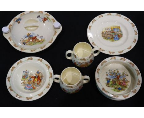 Six pieces of Royal Doulton Bunnykins ceramics, signs of use and surface marks throughout. UK P&amp;P Group 3 (£30+VAT for th