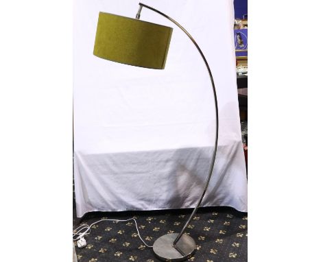 Laura Ashley curved chrome standard lamp on a circular base with shade, H: 150 cm. All electrical items in this lot have been