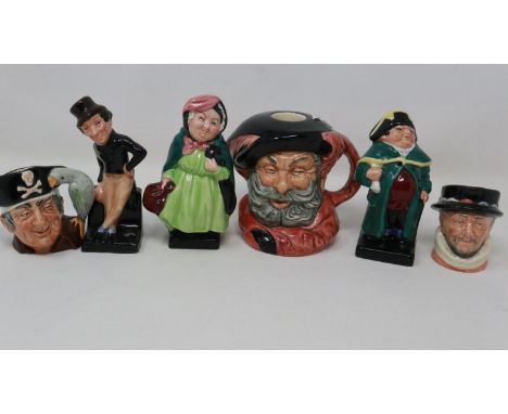 Three Royal Doulton character jugs and three Dickens figurines, no cracks or chips, largest H: 10 cm. UK P&amp;P Group 2 (£20