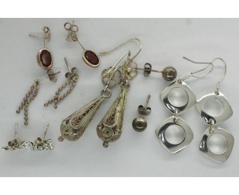 Six pairs of silver earrings including stone set examples. UK P&amp;P Group 1 (£16+VAT for the first lot and £2+VAT for subse