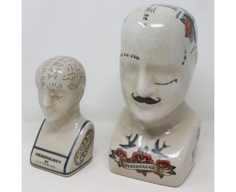 Two ceramic Phrenology heads, crazing as designed, largest H: 24 cm. UK P&amp;P Group 3 (£30+VAT for the first lot and £8+VAT