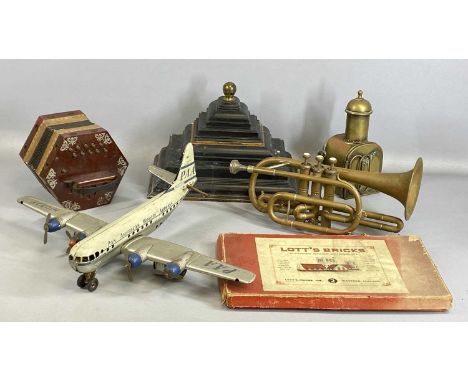 ASSORTED COLLECTABLES, Barratt brass trumpet, vintage concertina, Western German tin plate Pan Am 'Strato Clipper' mechanical