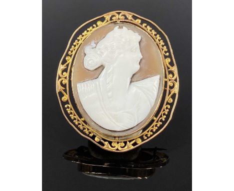 A LARGE OVAL CAMEO PORTRAIT BROOCH in pierced 9ct gold mount, 50 x 45mms, approx 11.8gmsProvenance: private collection Conwy