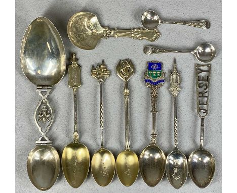 COLLECTION OF SILVER SPOONS including Victorian caddy spoon Birmingham 1853, a continental folding double ended medicine spoo