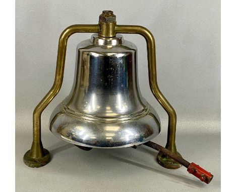 VINTAGE CHROMED FIRE ENGINE BELL on brass stand, with clapper, 36cms (h)Provenance: private collection Ynys Môn