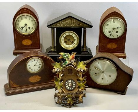 ASSORTED CLOCKS including Edwardian inlaid mahogany mantel clock, 30cms (h), similar inlaid oak cased mantel clock, two dome 