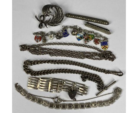 COLLECTION OF ASSORTED SILVER JEWELLERY including watch chain with T bar, 36cms (l), gate bracelet having heart shape padlock