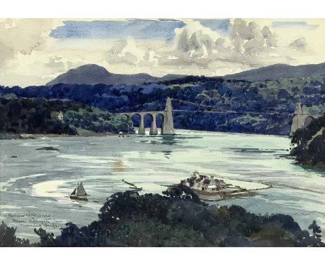 NORMAN WILKINSON (British 1878 - 1971) watercolour - titled 'Menai Straights (sic) from Tubular Bridge', signed and titled lo