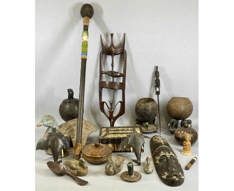 ASSORTED ETHNIC WOOD COLLECTABLES including porcupine quill box inlaid with bone, 21cms (w), three carved coconut shells, sup