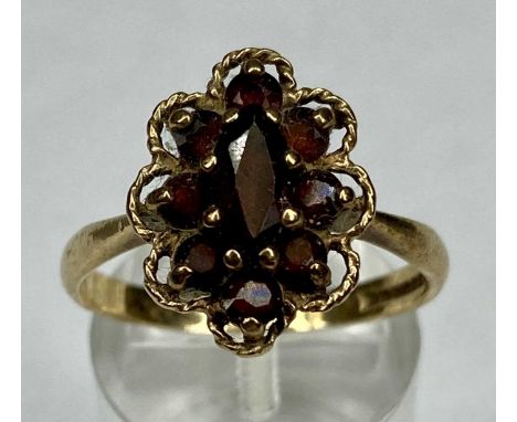 9CT GOLD GARNET CLUSTER RING, size T, 3.6gmsProvenance: deceased estate Conwy
