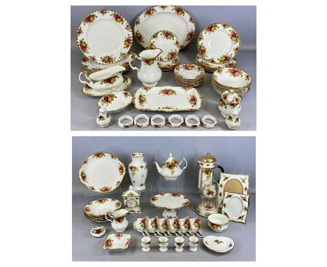 ROYAL ALBERT 'OLD COUNTY ROSES' DINNER & TEA SERVICE, for six persons including cake stand, teapot, cafetière, mantel clock, 