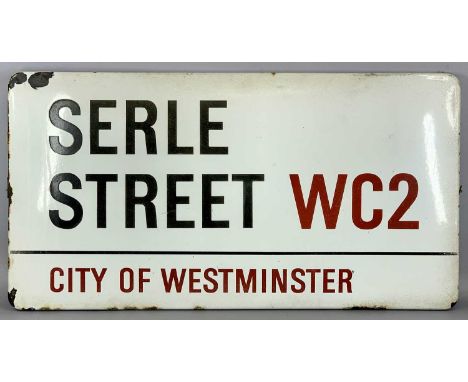 VINTAGE CITY OF WESTMINSTER ENAMEL STREET SIGN, Serle Street, WC2, lettered in black and red on white background, 44.5 x 84cm