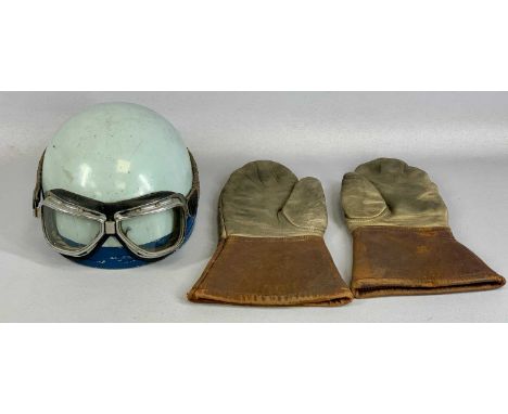 VINTAGE MOTORCYCLISTS HELMET, duck egg blue with leather lining, goggles and leather gauntletsProvenance: private collection 