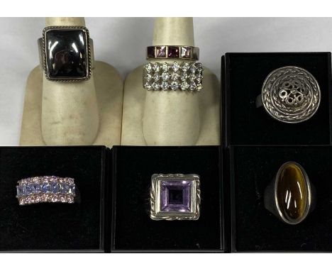 COLLECTION OF STONE SET SILVER RINGS including amethyst, Tiger's Eye and CZProvenance: private collection Conwy