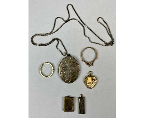 MIXED JEWELLERY, possibly white gold ring set with blue stones, 9ct gold heart shaped locket, 3.6gms, oblong locket with 9ct 