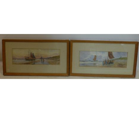 R. W. Vernon, 'On the Dutch coast' and 'Evening in Holland', 2 watercolours, signed, 12 x 35cm 