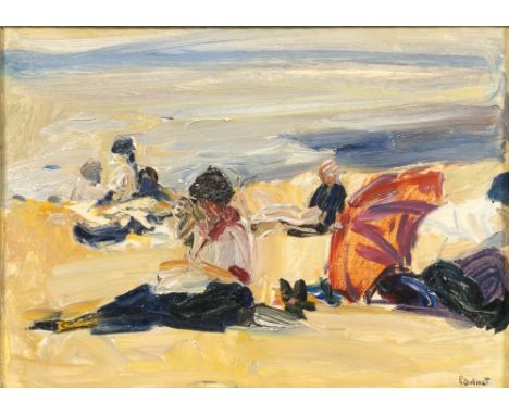 Paul Bollmann (Hannover 1885 - Überlingen/Bodensee 1944). Am Strand. Wohl um 1920. Öl/Karton. 24 x 33 cm. R. u. sign. P. Boll