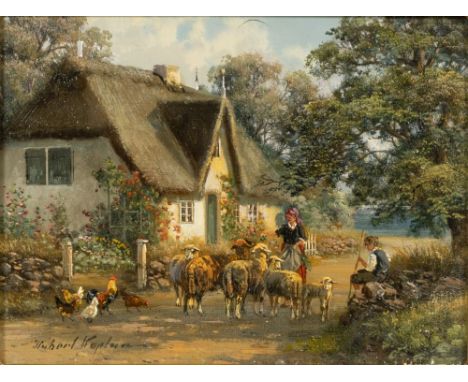 Hubert Kaplan (München 1940). Kleine Herde am Friesenhaus. Öl/Lw./Holz. 9 x 12 cm. L. u. sign. Hubert Kaplan.   - Deutscher G