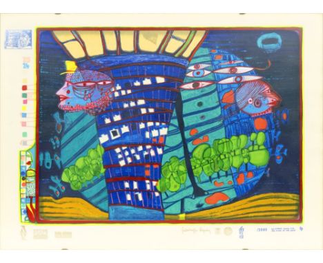 Friedensreich Hundertwasser (Wien 1928 - vor Australien 2000). Flucht ins All. 1971. Farbsiebruck, Farblithographie und Metal