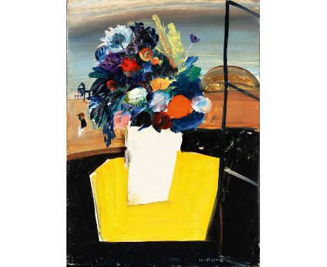 Horst Skodlerrak (Jugnaten/Memel 1920 - Travemünde 2001). Blumen am Fenster. Öl/Karton. 20,5 x 15 cm. R. u. sign. Skodlerrak.