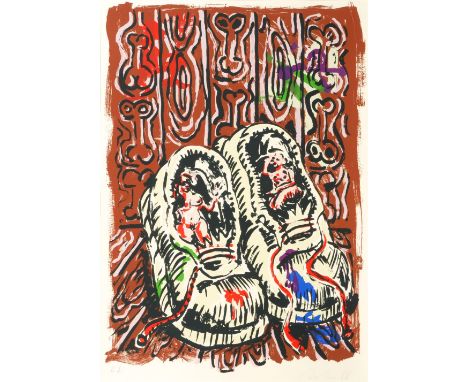 Jörg Immendorff (Bleckede 1945 - Düsseldorf 2007). Malerschuhe. 1996. Farbsiebdruck. 94,5 x 67 cm (Passepartout-Ausschnitt). 