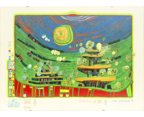 Friedensreich Hundertwasser (Wien 1928 - vor Australien 2000). Die Häuser hängen unter den Wiesen. 1971. Farbsiebdruck, Farbl