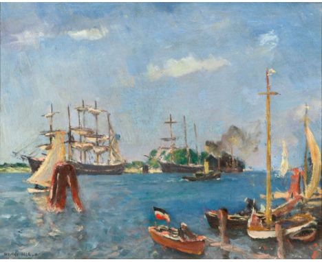 Ulrich Hübner (Berlin 1872 - Neubabelsberg 1932). Hafenausfahrt. Öl/Karton. 37 x 46 cm. L. u. sign. Ulrich Hübner. Verso Moti