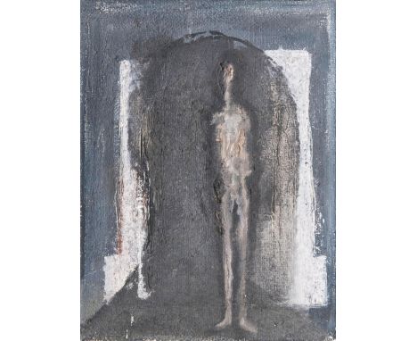 Michael Irmer (1955 - 1996). Figur im Raum. 1987. Öl/Lw. 40,5 x 30,5 cm. R. u. monogr. MI.   - Deutscher Maler und Bildhauer.