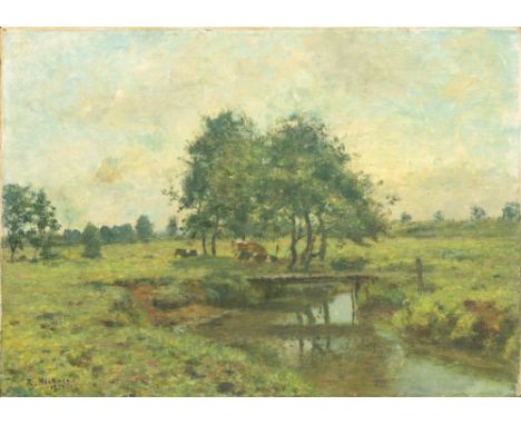 Rudolf Höckner (Wolkenstein 1864 - Bad Mergentheim 1942). Wedeler Au bei Rissen mit Holzbrücke. 1937. Öl/Lw. 47 x 65 cm. L. u