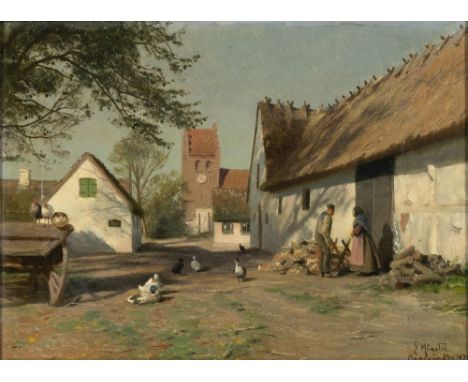 Peder Mönsted (Grenaa 1859 - Fredensborg 1941). Dorfszene im Sommer. 1920. Öl/Holz. 24 x 33 cm. R. u. sign. und dat. P Mönste